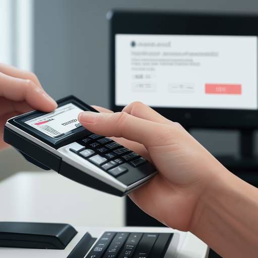 Eine Hand führt eine Kreditkarte an einem digitalen Zahlungsterminal vorbei. Der verschwommene Bürohintergrund zeigt Finanzdiagramme, während kühles Licht metallische Texturen und schwebende Staubpartikel hervorhebt.