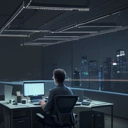 Entwickler arbeitet nachts in modernem Büro vor holografischem Display mit komplexem, farbcodiertem Code und KI-Analyse.