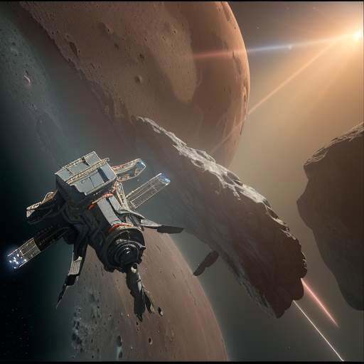 Futuristisches KI-Raumschiff navigiert durch den Mars-Asteroidengürtel, umgeben von leuchtenden Hologrammdatenströmen, die technologische Meisterschaft und tiefen Weltraumsbergang zeigen.
