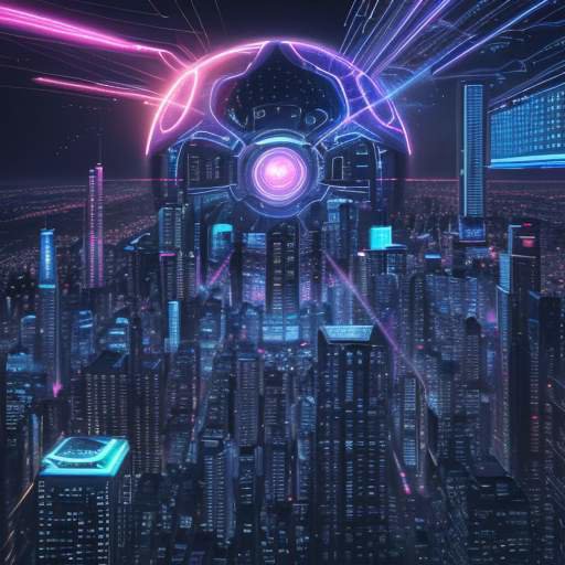 Futuristisches Stadtbild bei Dämmerung, das durch leuchtende Datenströme und holografische Produktprojektionen durchzogen ist, zentral von einem leuchtenden KI-Kern angetrieben.