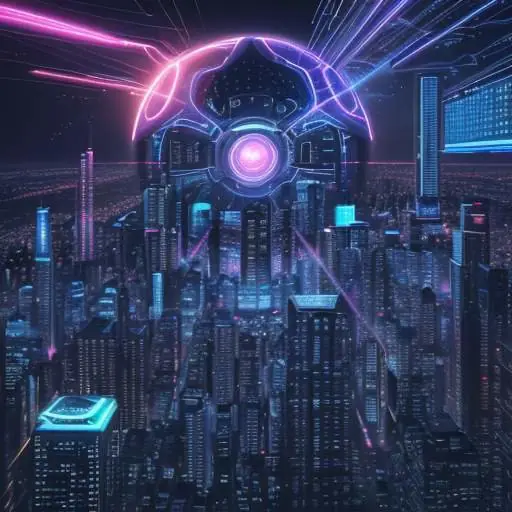 Futuristisches Stadtbild bei Dämmerung, das durch leuchtende Datenströme und holografische Produktprojektionen durchzogen ist, zentral von einem leuchtenden KI-Kern angetrieben.