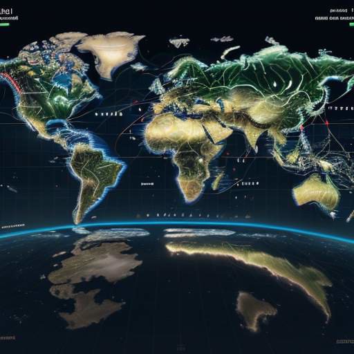 Künstlerische Darstellung eines globalen Datennetzwerks mit leuchtenden Datenströmen, die durch stilisierte nationale Barrieren eingeschränkt werden, was Datenhoheit und geopolitische Spannungen symbolisiert.