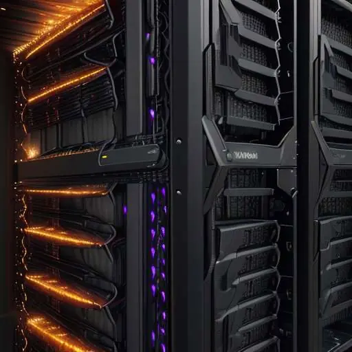 Makroaufnahme eines Serverracks mit leistungsstarken GPUs, deren intensive Hitze durch schimmernde Luftverzerrungen sichtbar wird. Die dichten Komponenten und goldplattierten Verbindungen unterstreichen die Herausforderungen moderner Rechenzentren…