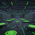 Massives, futuristisches Rechenzentrum mit leuchtenden, miteinander verbundenen NVIDIA GPUs, das immense KI-Rechenleistung symbolisiert.