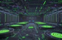 Massives, futuristisches Rechenzentrum mit leuchtenden, miteinander verbundenen NVIDIA GPUs, das immense KI-Rechenleistung symbolisiert.