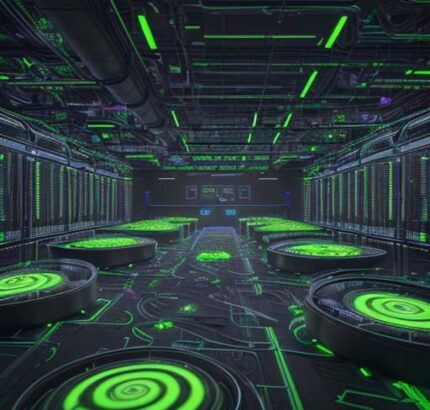 Massives, futuristisches Rechenzentrum mit leuchtenden, miteinander verbundenen NVIDIA GPUs, das immense KI-Rechenleistung symbolisiert.