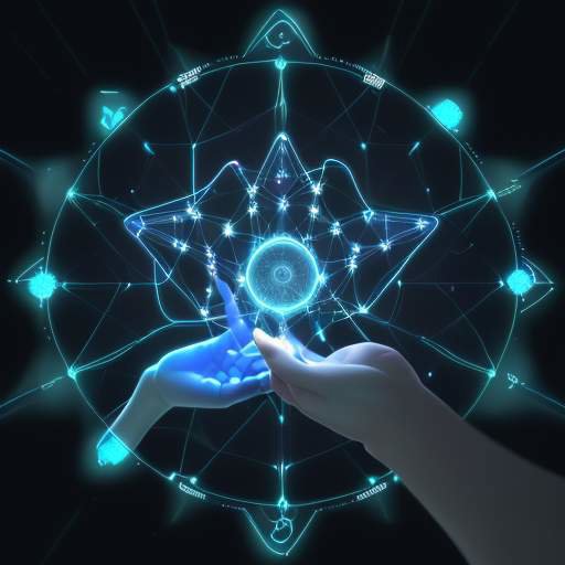 Menschliche Hand interagiert mit einem leuchtenden, holografischen Interface, das komplexe Datenknoten und ethische Richtlinien visualisiert und die Partnerschaft zwischen Mensch und KI symbolisiert.