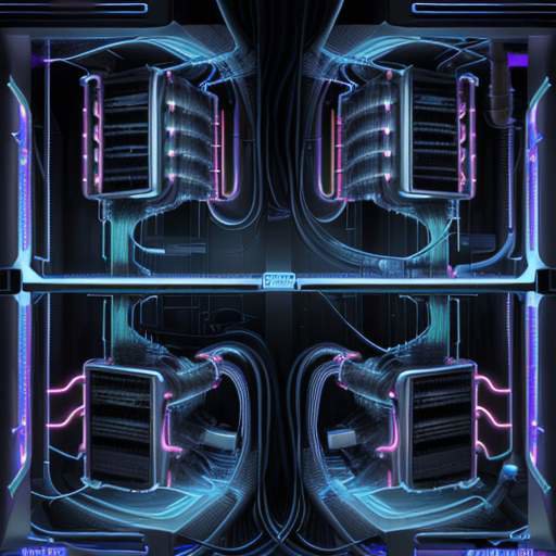 Querschnittsdiagramm eines futuristischen, effizienten Flüssigkühlsystems in einem Rechenzentrum, das Wärme von Serverracks ableitet.
