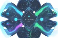 Visualisierung einer komplexen, vernetzten Multi-Cloud-Architektur mit Datenströmen zwischen AWS, Azure und GCP, die nahtlosen Datenaustausch symbolisiert.