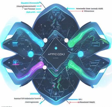 Visualisierung einer komplexen, vernetzten Multi-Cloud-Architektur mit Datenströmen zwischen AWS, Azure und GCP, die nahtlosen Datenaustausch symbolisiert.