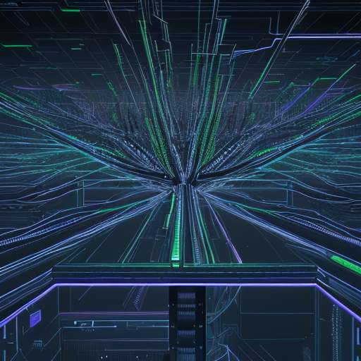 Visualisierung eines komplexen, futuristischen Datenzentrum-Backbones, der petabit-skaligen Datenfluss zwischen Servern und Knotenpunkten darstellt.