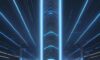 Zukunftsvolle Rechenzentren mit blauem LED-Licht und dampfenden Kühltürmen symbolisieren die enorme Infrastruktur für KI und die rasche technologische Veraltung von Hardware.