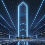 Zukunftsvolle Rechenzentren mit blauem LED-Licht und dampfenden Kühltürmen symbolisieren die enorme Infrastruktur für KI und die rasche technologische Veraltung von Hardware.