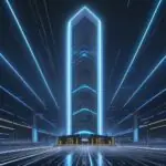 Zukunftsvolle Rechenzentren mit blauem LED-Licht und dampfenden Kühltürmen symbolisieren die enorme Infrastruktur für KI und die rasche technologische Veraltung von Hardware.