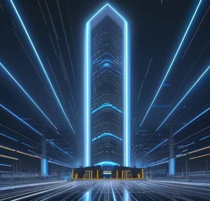 Zukunftsvolle Rechenzentren mit blauem LED-Licht und dampfenden Kühltürmen symbolisieren die enorme Infrastruktur für KI und die rasche technologische Veraltung von Hardware.