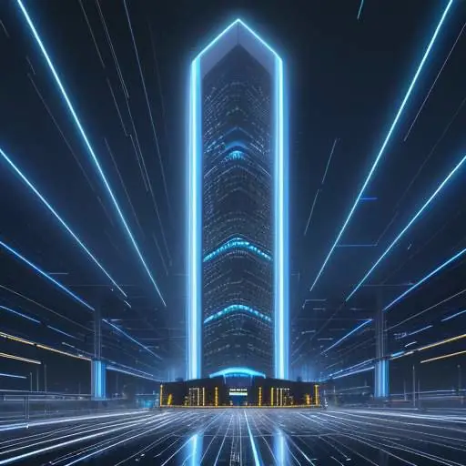 Zukunftsvolle Rechenzentren mit blauem LED-Licht und dampfenden Kühltürmen symbolisieren die enorme Infrastruktur für KI und die rasche technologische Veraltung von Hardware.