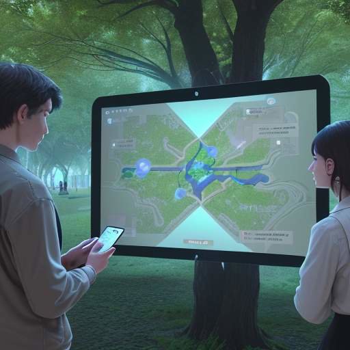 Diverse Gruppe im Park arbeitet an holografischer Luftqualitätskarte, symbolisiert Bürgerwissenschaft und gemeinschaftliches Datenverständnis für eine bessere Umwelt.