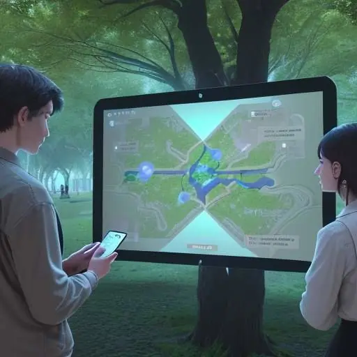 Diverse Gruppe im Park arbeitet an holografischer Luftqualitätskarte, symbolisiert Bürgerwissenschaft und gemeinschaftliches Datenverständnis für eine bessere Umwelt.