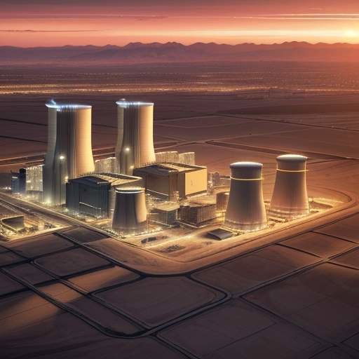 Ein dramatisches Luftbild eines modernen Rechenzentrums und Kraftwerks in einer Wüstenlandschaft bei Sonnenuntergang, wobei leuchtende Energielinien die Verbindung zwischen der Stromquelle und der IT-Infrastruktur visualisieren.
