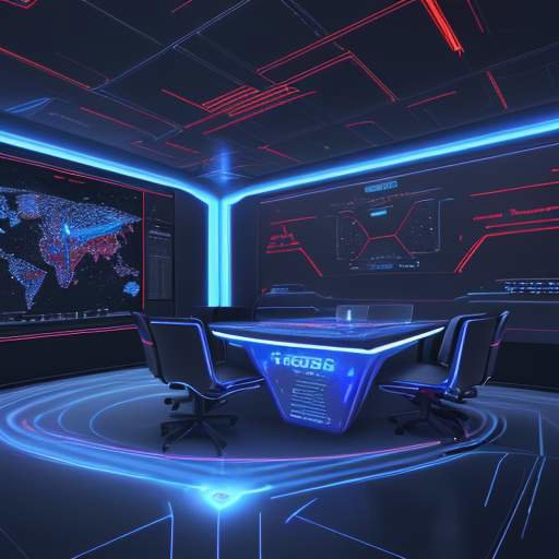 Ein futuristisches Kontrollzentrum mit holografischen Displays, die eine digitale Verteidigungswall gegen rote Cyberangriffe visualisieren.