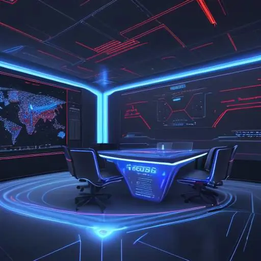 Ein futuristisches Kontrollzentrum mit holografischen Displays, die eine digitale Verteidigungswall gegen rote Cyberangriffe visualisieren.