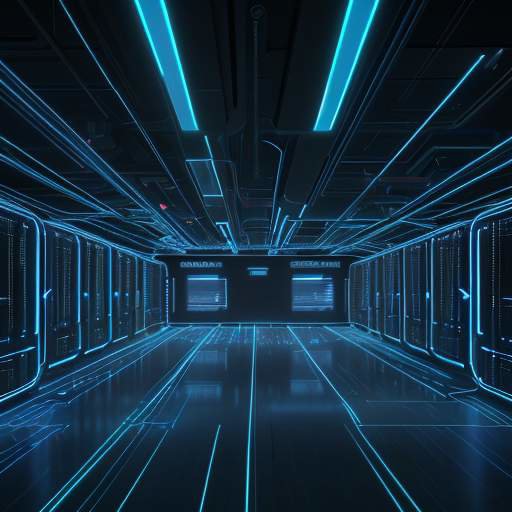 Ein futuristisches Rechenzentrum mit leuchtenden Glasfaserkabeln und digitalen Lichtimpulsen, die autonome KI-Agenten symbolisieren, die das Netzwerk in Echtzeit reparieren und sichern.