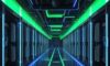 Ein futuristisches, weitläufiges Rechenzentrum mit leuchtenden Server-Racks in Blau und Grün, das die massive Hardware-Infrastruktur für moderne KI-Berechnungen symbolisiert.