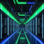 Ein futuristisches, weitläufiges Rechenzentrum mit leuchtenden Server-Racks in Blau und Grün, das die massive Hardware-Infrastruktur für moderne KI-Berechnungen symbolisiert.