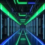 Ein futuristisches, weitläufiges Rechenzentrum mit leuchtenden Server-Racks in Blau und Grün, das die massive Hardware-Infrastruktur für moderne KI-Berechnungen symbolisiert.