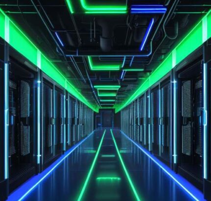 Ein futuristisches, weitläufiges Rechenzentrum mit leuchtenden Server-Racks in Blau und Grün, das die massive Hardware-Infrastruktur für moderne KI-Berechnungen symbolisiert.