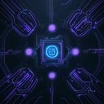 Ein leuchtender Quantenprozessor-Kern in einem dunklen Labor, umgeben von schwebenden mathematischen Formeln und digitalen Symbolen in Neonfarben, die den Übergang zur Post-Quanten-Kryptographie symbolisieren.