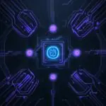 Ein leuchtender Quantenprozessor-Kern in einem dunklen Labor, umgeben von schwebenden mathematischen Formeln und digitalen Symbolen in Neonfarben, die den Übergang zur Post-Quanten-Kryptographie symbolisieren.