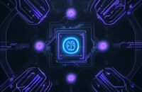 Ein leuchtender Quantenprozessor-Kern in einem dunklen Labor, umgeben von schwebenden mathematischen Formeln und digitalen Symbolen in Neonfarben, die den Übergang zur Post-Quanten-Kryptographie symbolisieren.