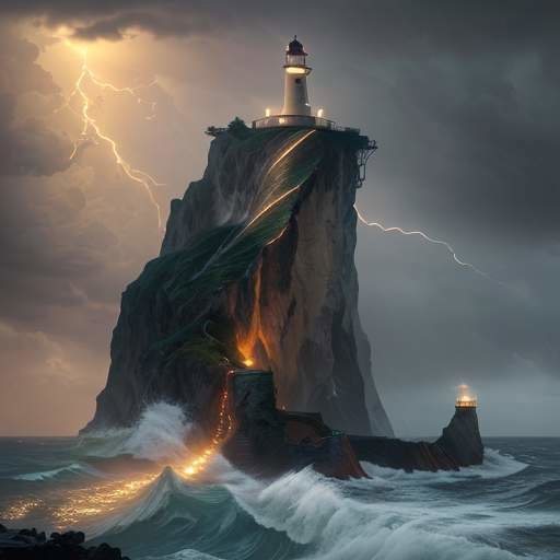Ein majestätischer, leuchtender Leuchtturm auf einer Klippe strahlt goldenes Licht durch ein stürmisches Meer und Regen als Symbol für Orientierung und Klarheit.