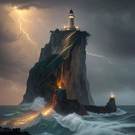Ein majestätischer, leuchtender Leuchtturm auf einer Klippe strahlt goldenes Licht durch ein stürmisches Meer und Regen als Symbol für Orientierung und Klarheit.