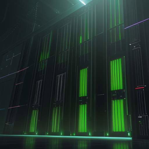 Ein massives, hochmodernes Rechenzentrum mit verstärkten Wänden und schweren Stahltüren, das durch grüne LED-Lichter und eine imposante Architektur wie eine digitale Festung wirkt.