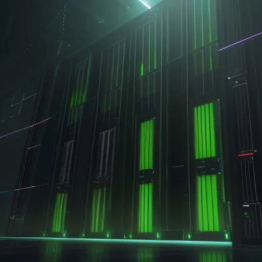 Ein massives, hochmodernes Rechenzentrum mit verstärkten Wänden und schweren Stahltüren, das durch grüne LED-Lichter und eine imposante Architektur wie eine digitale Festung wirkt.