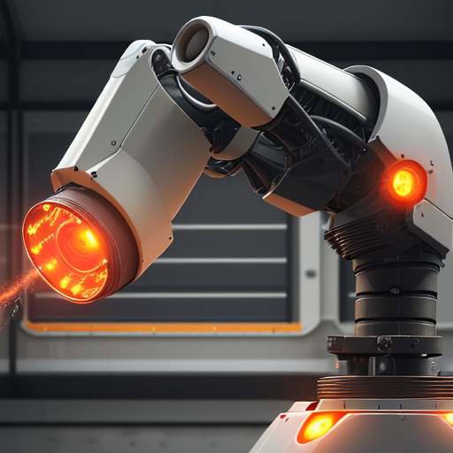Ein Roboterarm mit Wärmebildkamera und Laserscanner inspiziert eine industrielle Turbinenschaufel in einer modernen Fabrik, während die Sensordaten auf einem Monitor visualisiert werden.