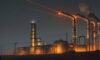 Ein spezialisierter Industrieroboter fährt bei Dämmerung über ein komplexes Rohrleitungssystem in einer chemischen Anlage zur automatisierten Überprüfung von Schweißnähten und thermischen Profilen.