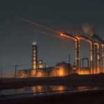 Ein spezialisierter Industrieroboter fährt bei Dämmerung über ein komplexes Rohrleitungssystem in einer chemischen Anlage zur automatisierten Überprüfung von Schweißnähten und thermischen Profilen.