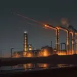 Ein spezialisierter Industrieroboter fährt bei Dämmerung über ein komplexes Rohrleitungssystem in einer chemischen Anlage zur automatisierten Überprüfung von Schweißnähten und thermischen Profilen.