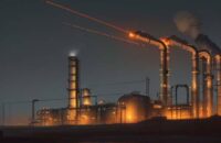 Ein spezialisierter Industrieroboter fährt bei Dämmerung über ein komplexes Rohrleitungssystem in einer chemischen Anlage zur automatisierten Überprüfung von Schweißnähten und thermischen Profilen.