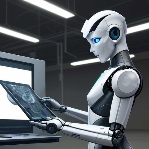 Ein Techniker und ein moderner Industrieroboter betrachten gemeinsam ein 3D-Modell auf einem Tablet in einer hellen Industriehalle, um die Zusammenarbeit zwischen Mensch und Maschine zu demonstrieren.
