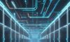Ein weitläufiges, futuristisches Rechenzentrum mit leuchtenden Server-Racks in Neonblau und Weiß sowie massiven Kühlrohren unter einer kühlen Atmosphäre.