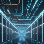 Ein weitläufiges, futuristisches Rechenzentrum mit leuchtenden Server-Racks in Neonblau und Weiß sowie massiven Kühlrohren unter einer kühlen Atmosphäre.