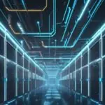 Ein weitläufiges, futuristisches Rechenzentrum mit leuchtenden Server-Racks in Neonblau und Weiß sowie massiven Kühlrohren unter einer kühlen Atmosphäre.