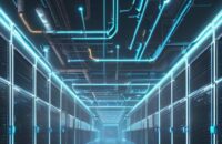 Ein weitläufiges, futuristisches Rechenzentrum mit leuchtenden Server-Racks in Neonblau und Weiß sowie massiven Kühlrohren unter einer kühlen Atmosphäre.