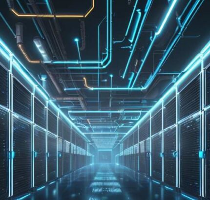 Ein weitläufiges, futuristisches Rechenzentrum mit leuchtenden Server-Racks in Neonblau und Weiß sowie massiven Kühlrohren unter einer kühlen Atmosphäre.