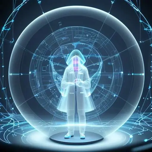 Ein Wissenschaftler in einem High-Tech-Labor überwacht ein Hologramm mit Risikodiagrammen, während in einer Glasröhre eine leuchtende Wolke aus Daten und chemischen Strukturen schwebt. Die Szene visualisiert die Analyse von Unsicherheit in KI-Syst…