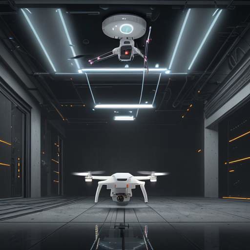 Eine autonome Drohne mit Spezialkameras fliegt durch ein komplexes Industrierohrleitungssystem und beleuchtet die metallischen Oberflächen zur Inspektion von Rissen und Leckagen.